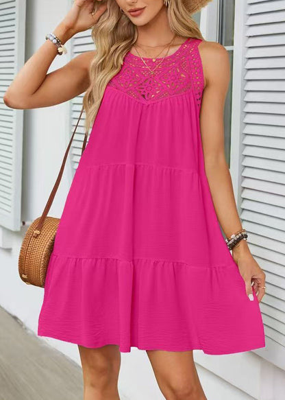 Casual Rose Hollow Out Patchwork Cotton Dress Sleeveless