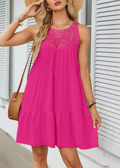 Casual Rose Hollow Out Patchwork Cotton Dress Sleeveless