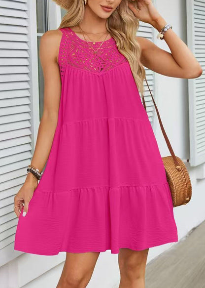 Casual Rose Hollow Out Patchwork Cotton Dress Sleeveless
