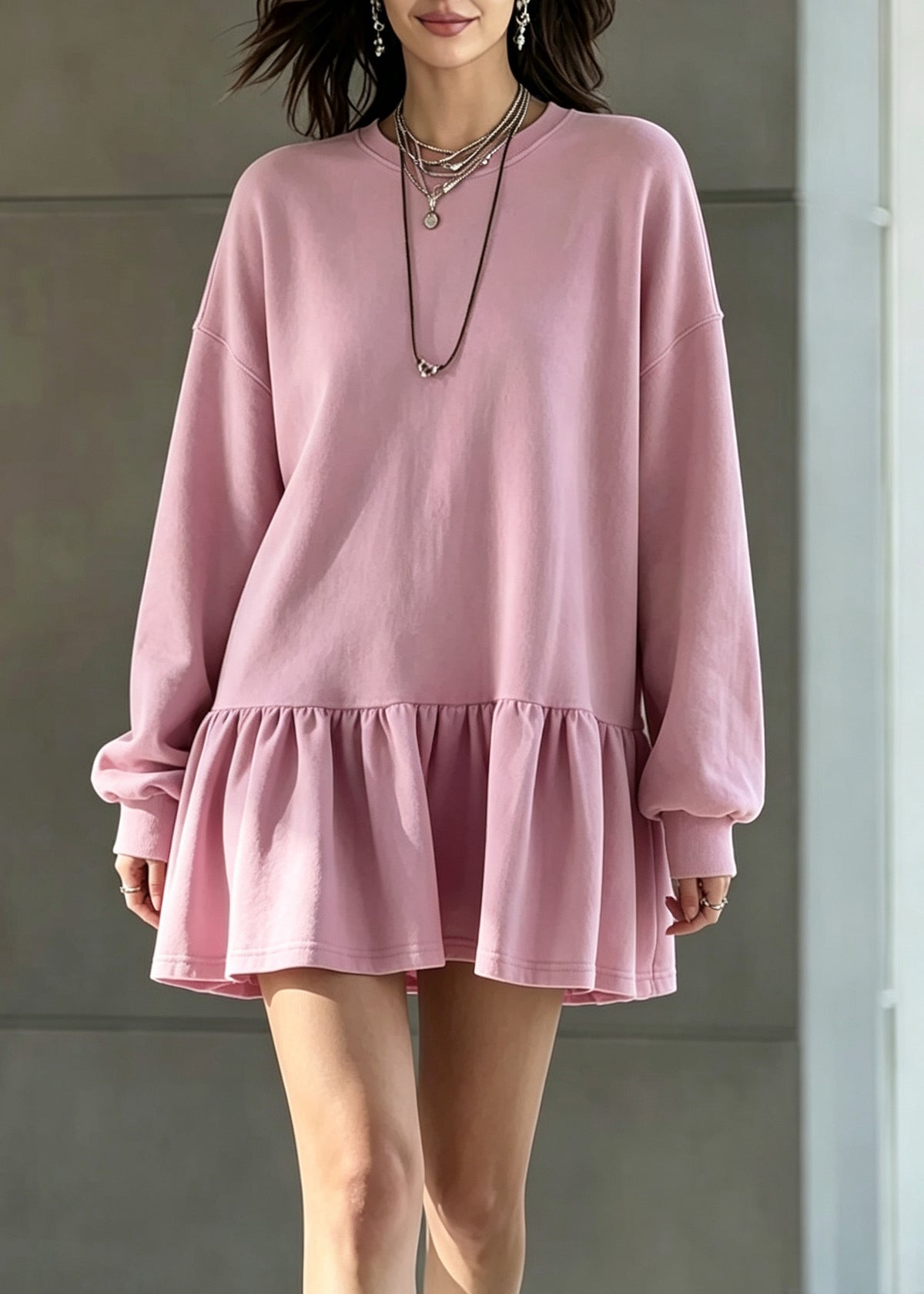 Casual Rose O Neck Ruffled Patchwork Cotton Dresses Fall