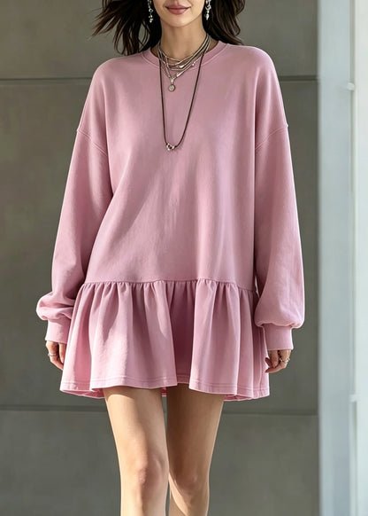 Casual Rose O Neck Ruffled Patchwork Cotton Dresses Fall
