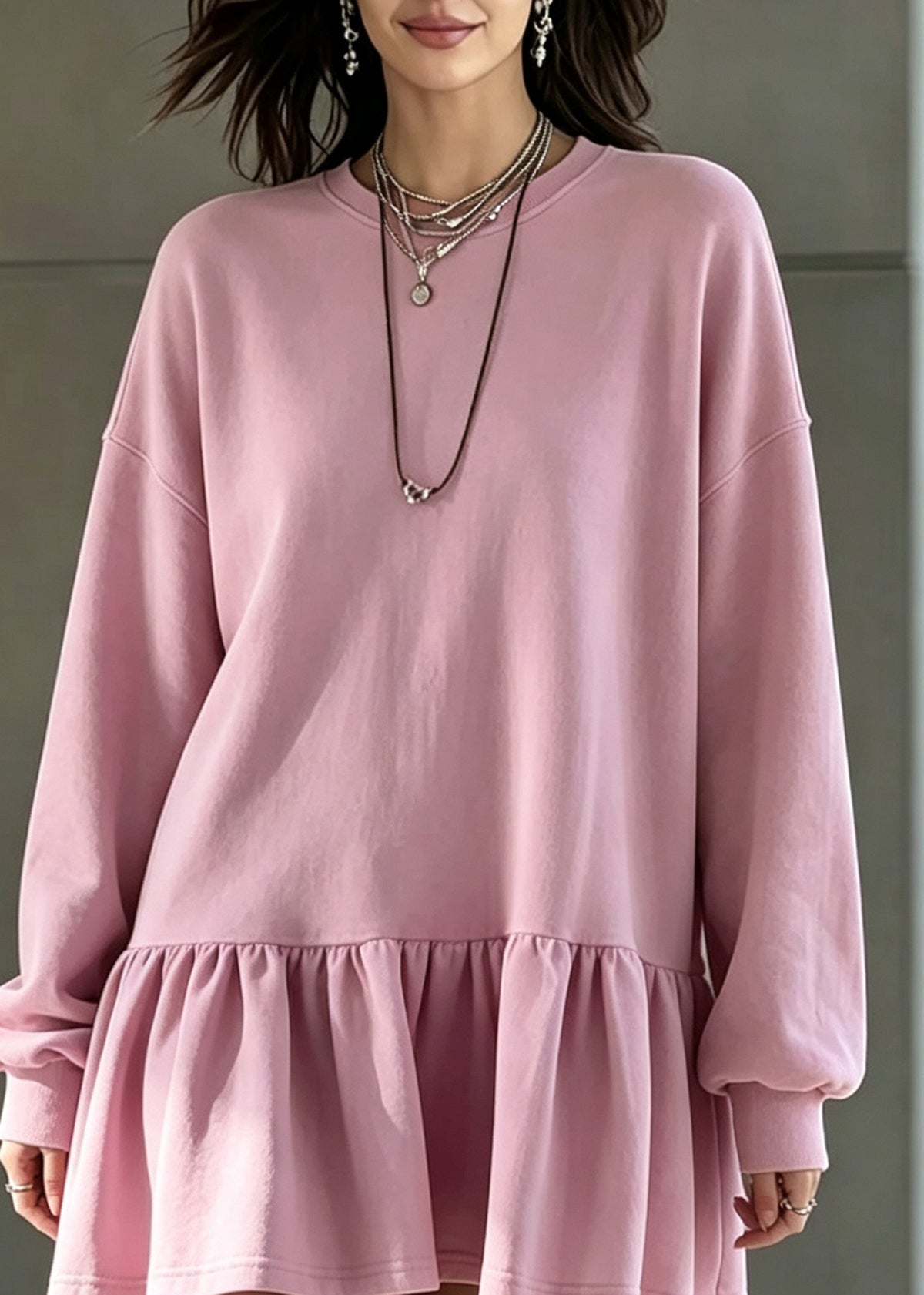 Casual Rose O Neck Ruffled Patchwork Cotton Dresses Fall