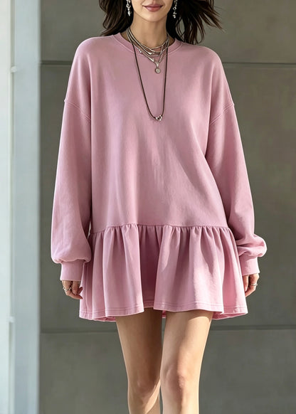 Casual Rose O Neck Ruffled Patchwork Cotton Dresses Fall