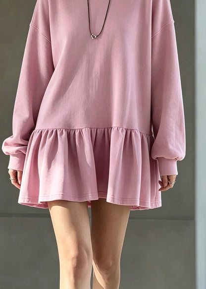 Casual Rose O Neck Ruffled Patchwork Cotton Dresses Fall