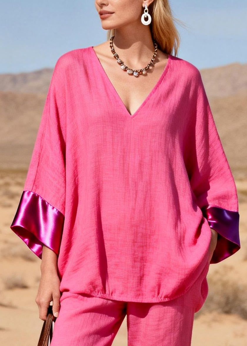Casual Rose Oversized Patchwork Silk Cotton Two Pieces Set Spring