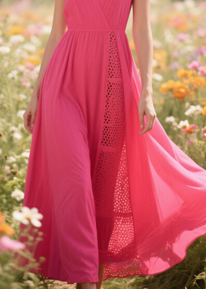 Casual Rose Patchwork Hollow Out Chiffon Long Dress Sleeveless
