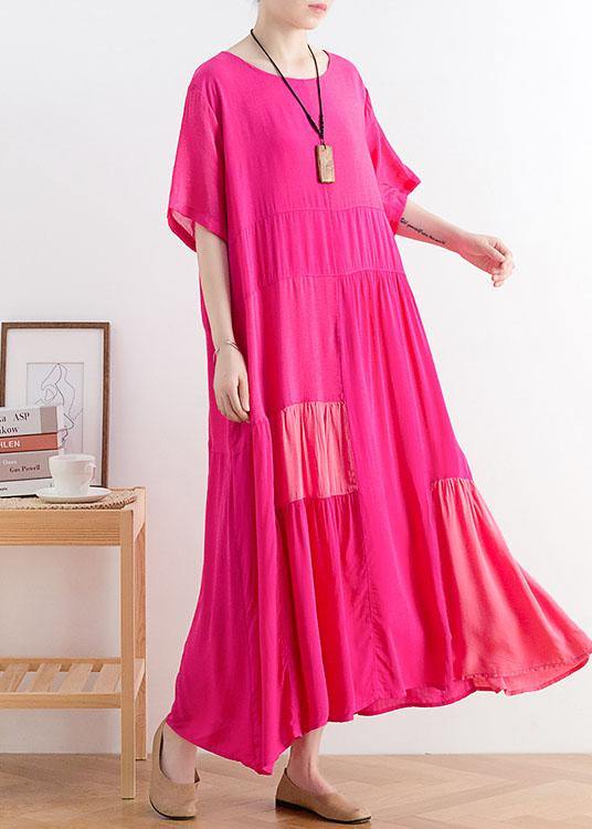Casual Rose Patchwork O-Neck Long Cotton Dress - SooLinen