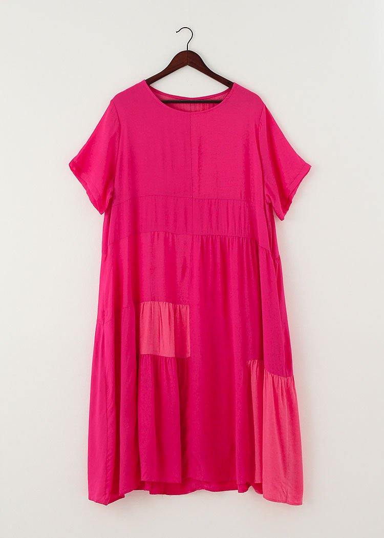 Casual Rose Patchwork O-Neck Long Cotton Dress - SooLinen