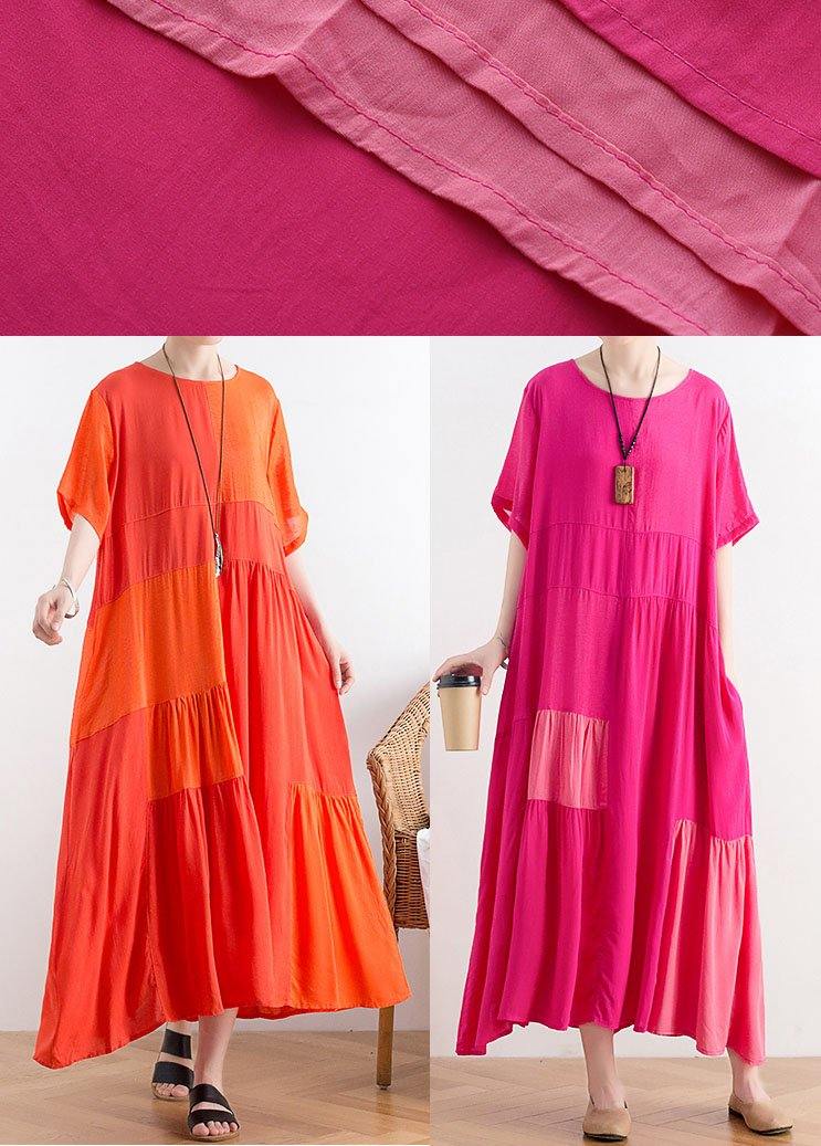 Casual Rose Patchwork O-Neck Long Cotton Dress - SooLinen