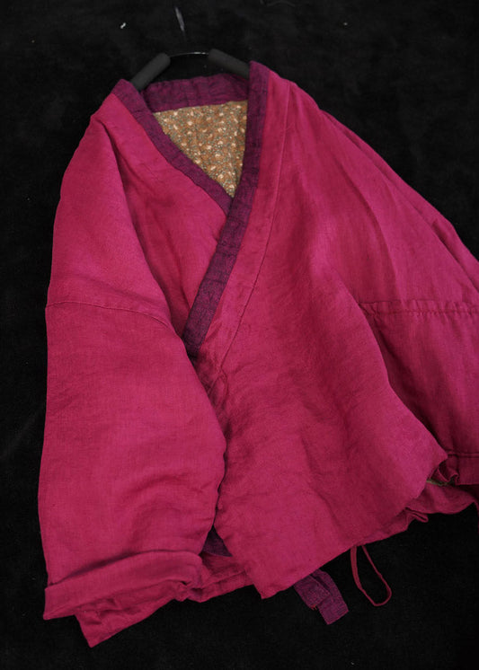 Casual Rose V Neck Patchwork Tie Waist Parka Long Sleeve