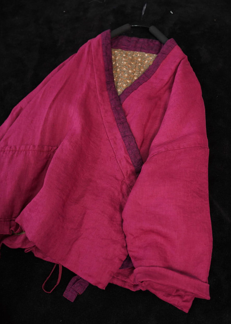 Casual Rose V Neck Patchwork Tie Waist Parka Long Sleeve