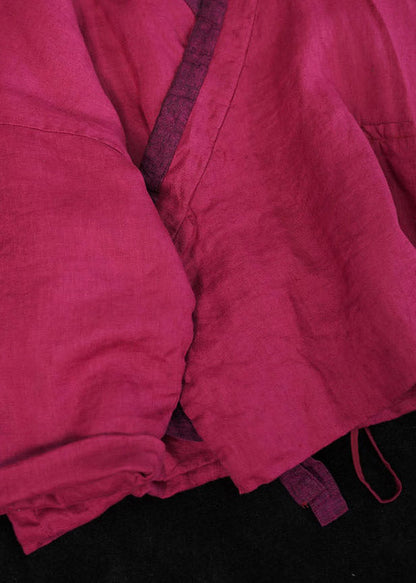 Casual Rose V Neck Patchwork Tie Waist Parka Long Sleeve