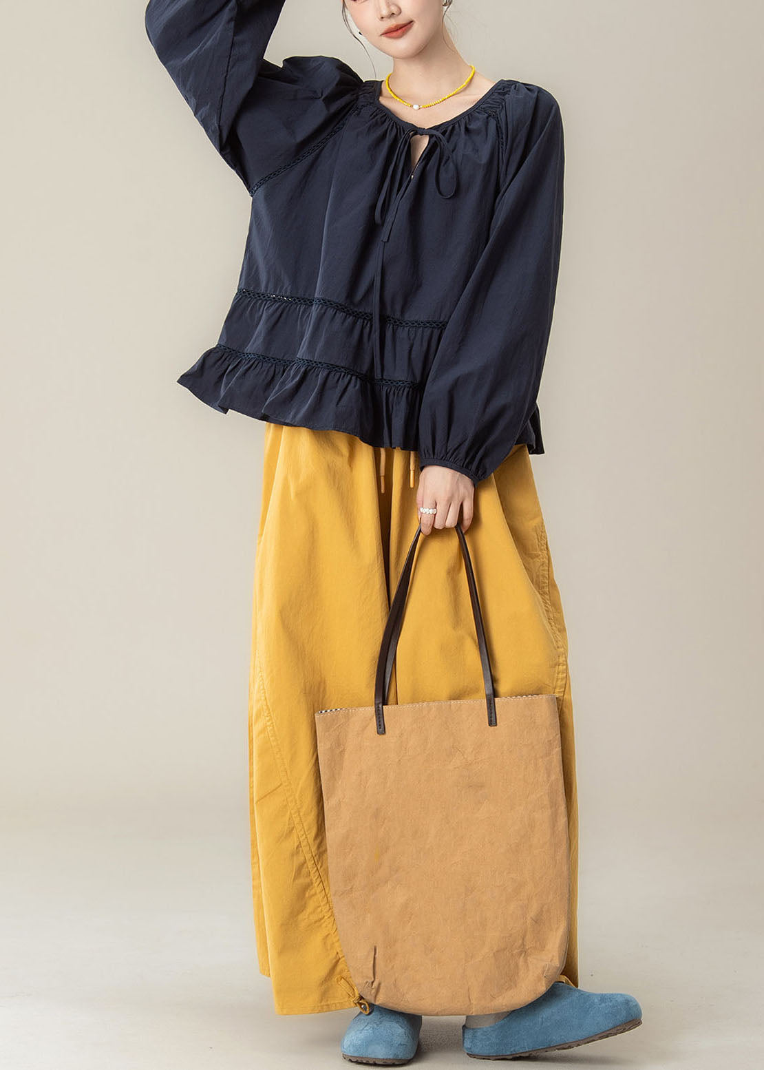 Casual Ruffled Tie Lace Top And Wide Leg Pants Two Pieces Set Fall