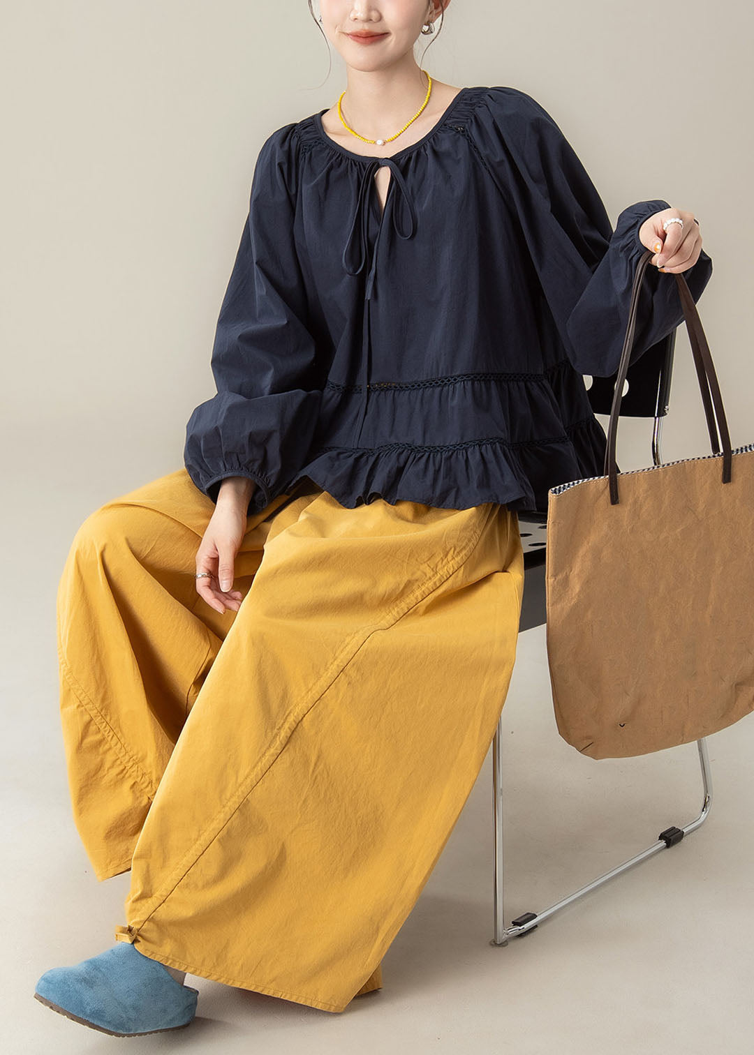 Casual Ruffled Tie Lace Top And Wide Leg Pants Two Pieces Set Fall