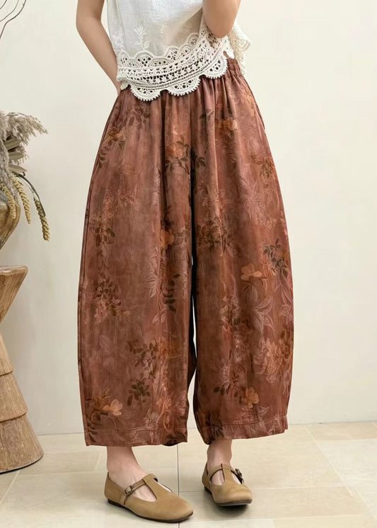 Casual Rust Brown Pockets Print Draping Harem Crop Pants Summer