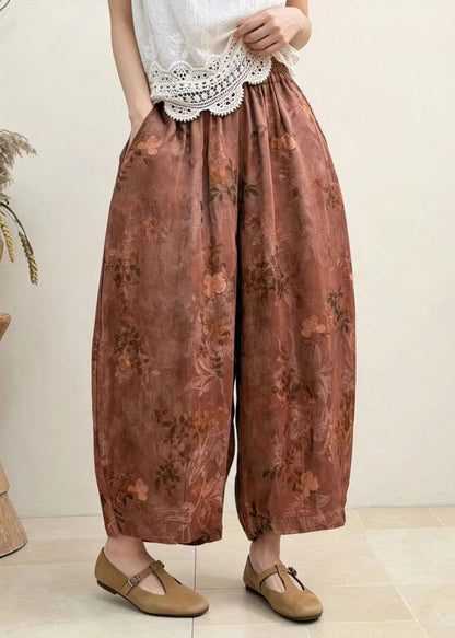 Casual Rust Brown Pockets Print Draping Harem Crop Pants Summer