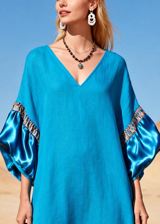 Casual Sea Blue V Neck Patchwork Cotton Maxi Dress Lantern Sleeve