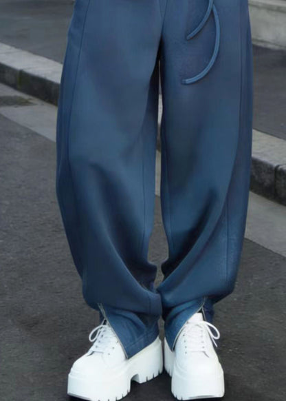 Casual Sea Blue Zip Up Cotton Pants Spring