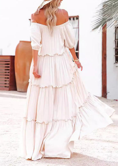 Casual Slash Neck Ruffled Patchwork Cotton Long Dresses Summer