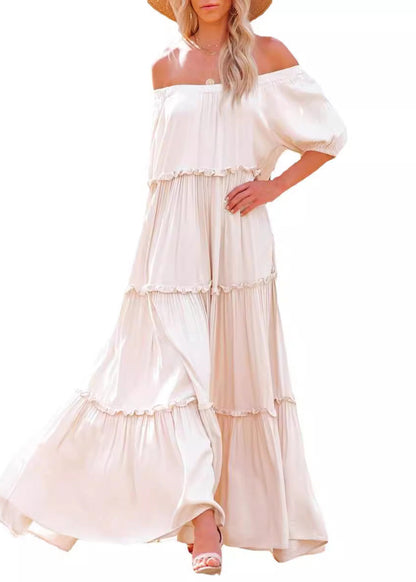 Casual Slash Neck Ruffled Patchwork Cotton Long Dresses Summer
