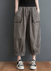 Casual Small Plaid Pockets Elastic Waist Cotton Crop Pants Summer