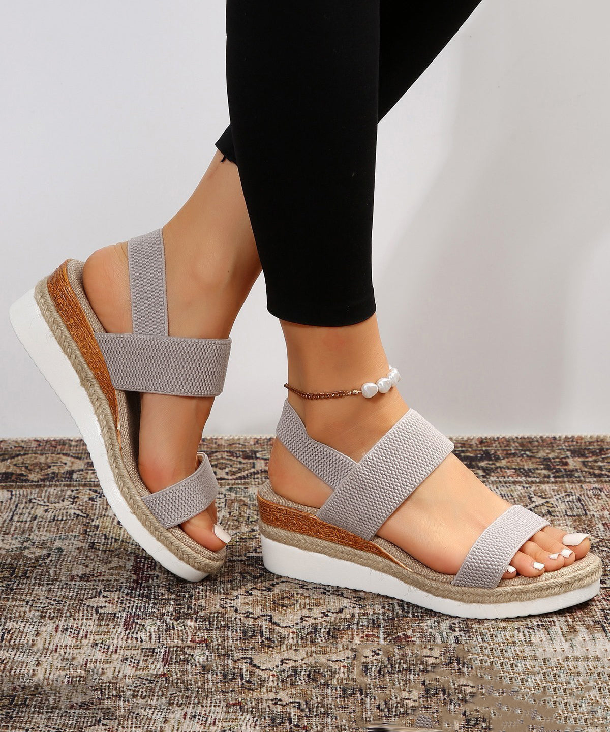Casual Splicing Wedge Sandals Grey Cotton Fabric Peep Toe