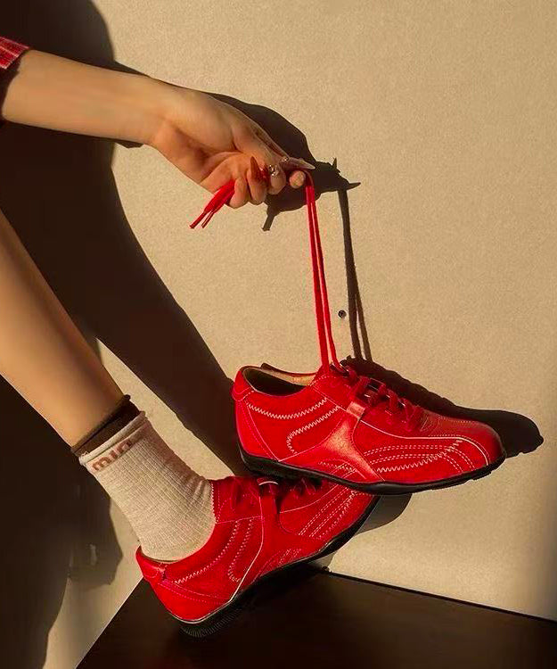 Casual Splicing Wedge Shoes Red Cowhide Leather Lace Up