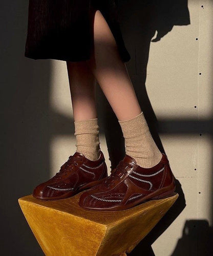 Casual Splicing Wedge Shoes Red Cowhide Leather Lace Up