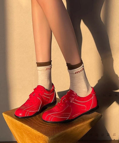 Casual Splicing Wedge Shoes Red Cowhide Leather Lace Up