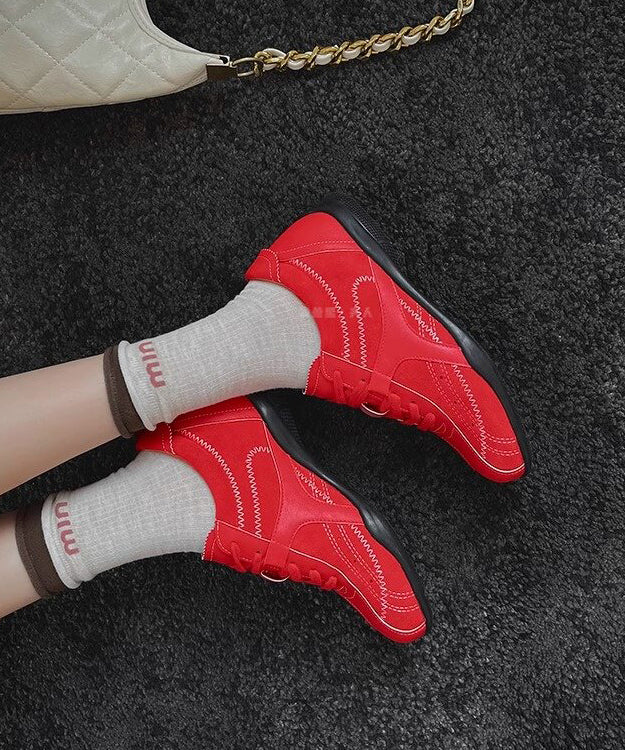 Casual Splicing Wedge Shoes Red Cowhide Leather Lace Up