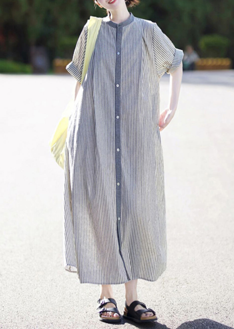 Casual Stand Collar Striped Button Cotton Shirts Dress Summer