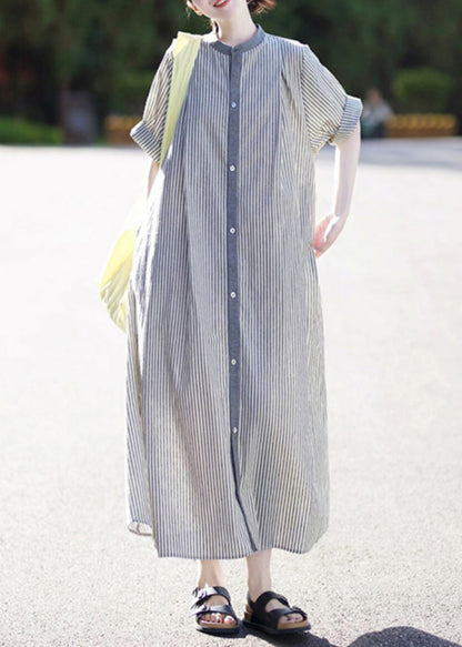 Casual Stand Collar Striped Button Cotton Shirts Dress Summer
