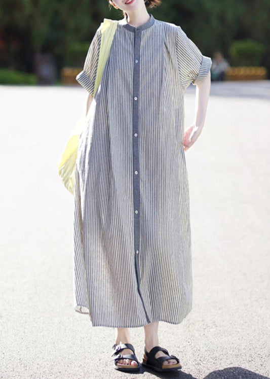 Casual Stand Collar Striped Button Cotton Shirts Dress Summer