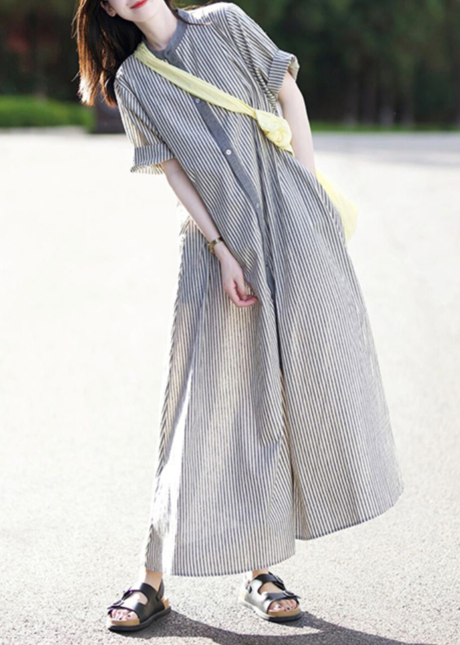 Casual Stand Collar Striped Button Cotton Shirts Dress Summer