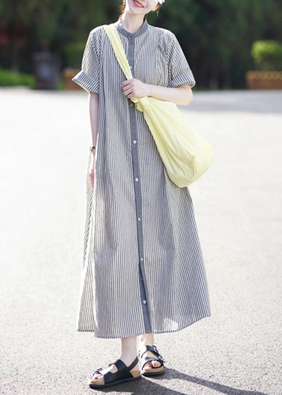 Casual Stand Collar Striped Button Cotton Shirts Dress Summer