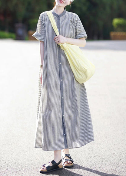 Casual Stand Collar Striped Button Cotton Shirts Dress Summer