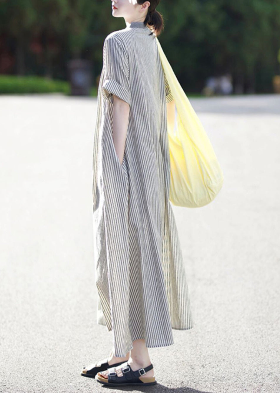 Casual Stand Collar Striped Button Cotton Shirts Dress Summer