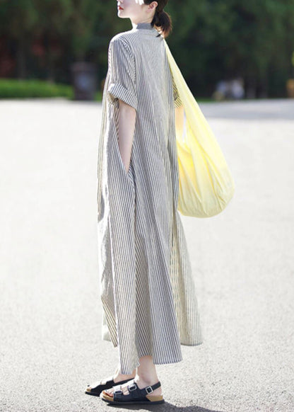 Casual Stand Collar Striped Button Cotton Shirts Dress Summer