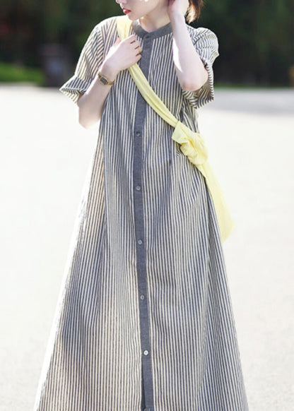 Casual Stand Collar Striped Button Cotton Shirts Dress Summer