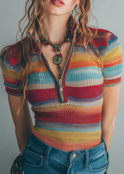 Casual Striped Zip Up Patchwork Knit Blouses Short Sleeve