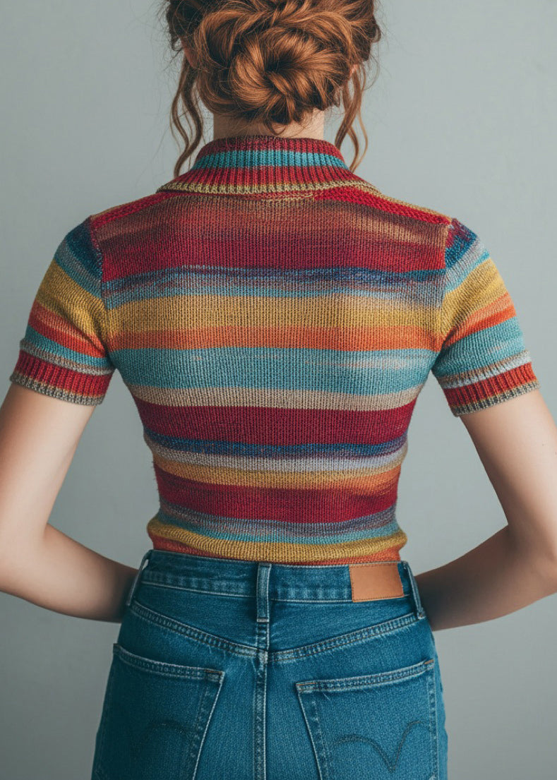 Casual Striped Zip Up Patchwork Knit Blouses Short Sleeve