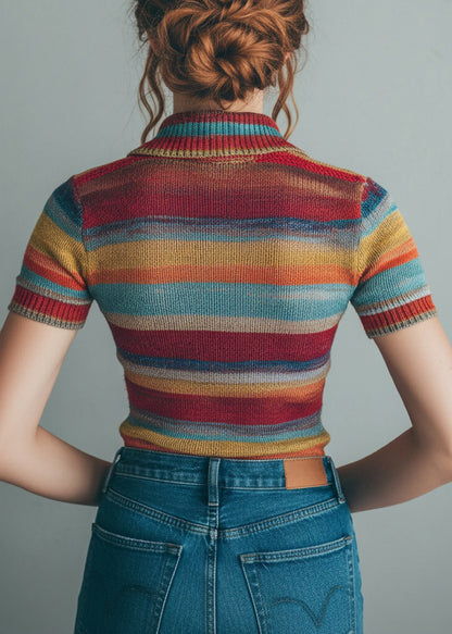Casual Striped Zip Up Patchwork Knit Blouses Short Sleeve