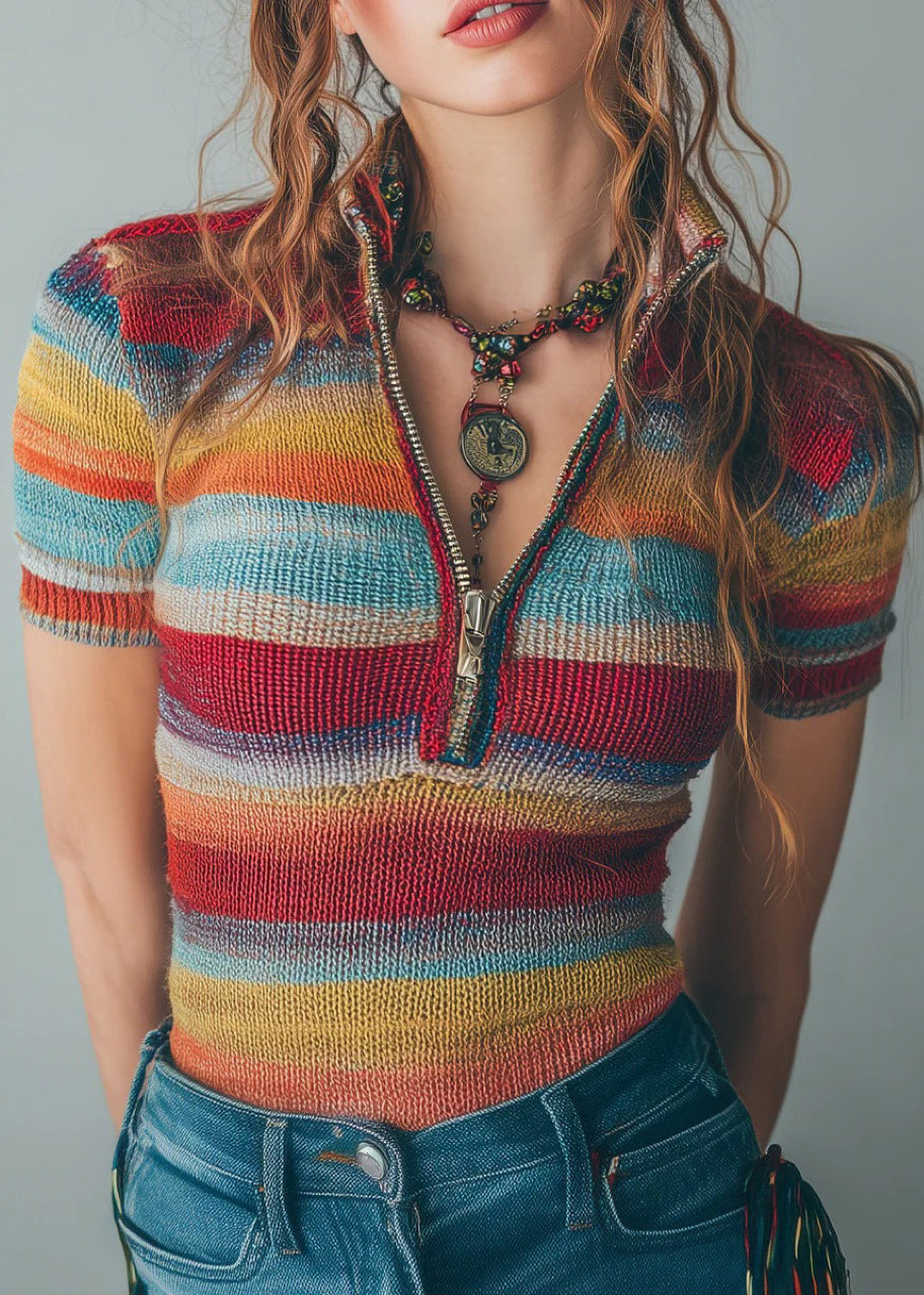 Casual Striped Zip Up Patchwork Knit Blouses Short Sleeve