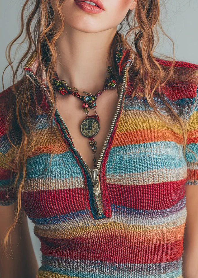 Casual Striped Zip Up Patchwork Knit Blouses Short Sleeve