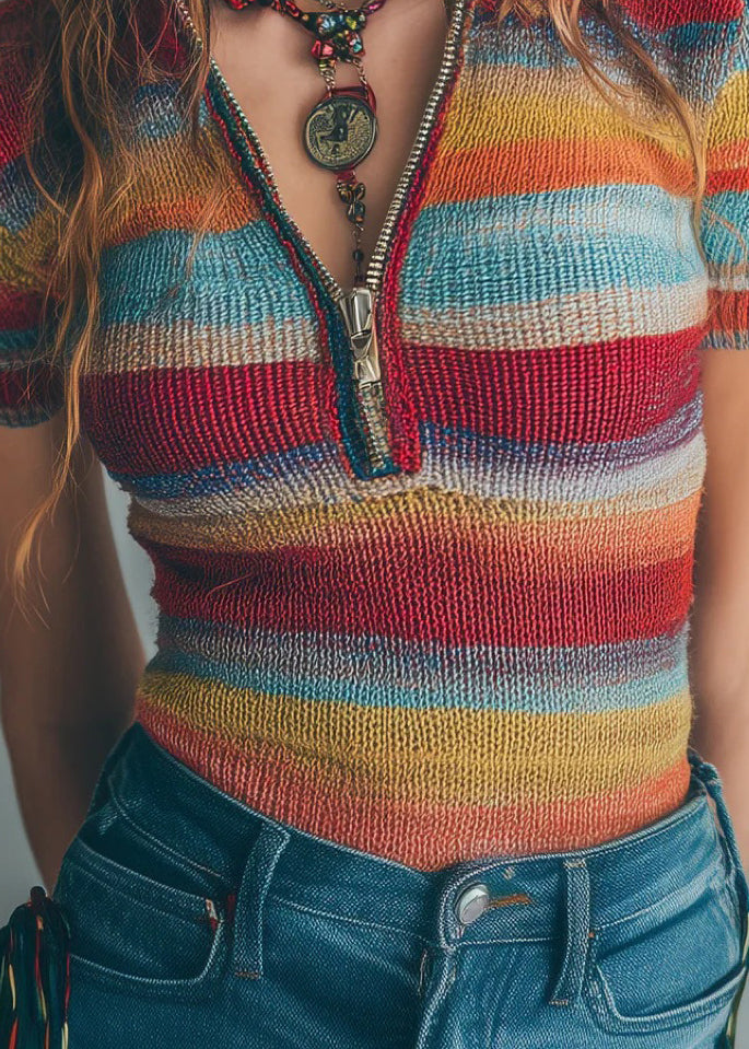 Casual Striped Zip Up Patchwork Knit Blouses Short Sleeve