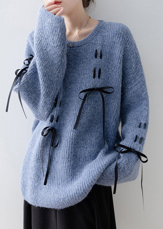Casual Style Blue O Neck Bow Knit Sweaters Spring