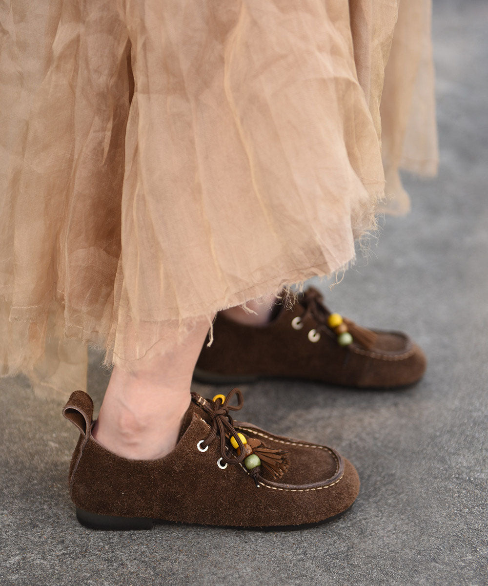 Casual Tassel Lace Up Splicing Flat Feet Shoes Coffee Suede
