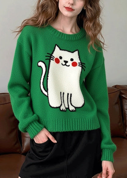 Casual Tea Green Oversized Cat Knit Sweater Tops Winter