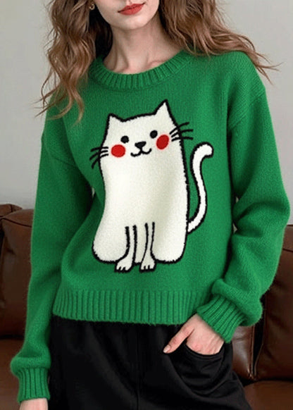 Casual Tea Green Oversized Cat Knit Sweater Tops Winter