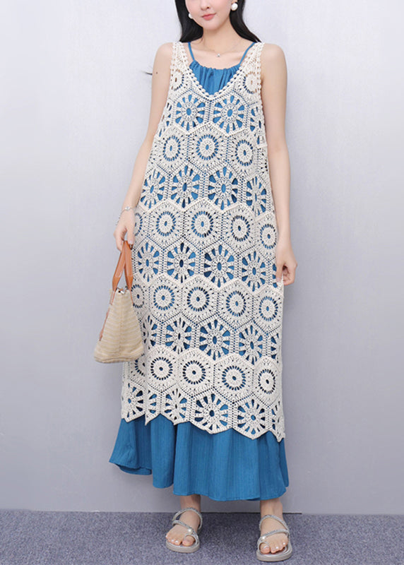 Casual V Neck Hollow Out Long Spaghetti Strap Dress Two Pieces Set Sleeve